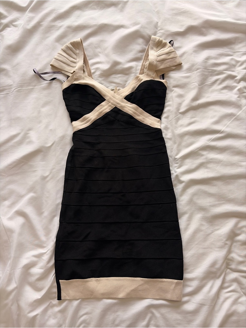 Herve Leger Black and Cream Strap Detail Bandage Mini Dress